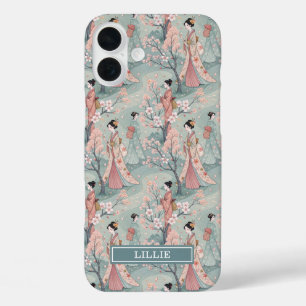 Japanese Sakura Geisha Pattern Monogrammed iPhone 16 Plus Case