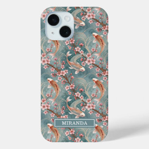 Japanese Sakura Koi Fish Pattern Monogrammed iPhone 15 Case