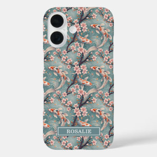 Japanese Sakura Koi Fish Print Monogrammed iPhone 16 Case