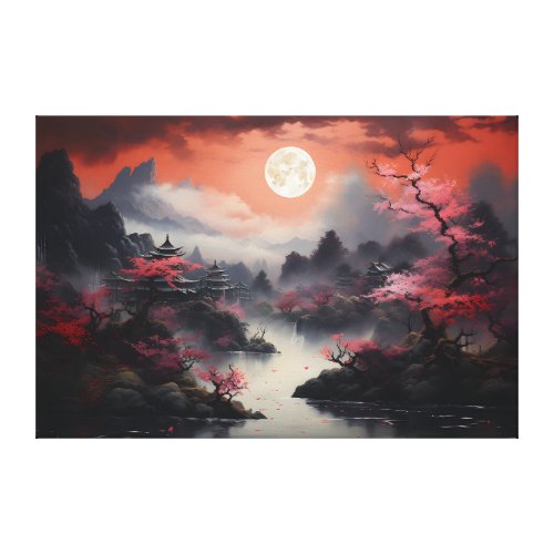 Japanese Sakura Moon Watercolor Landscape Canvas Print