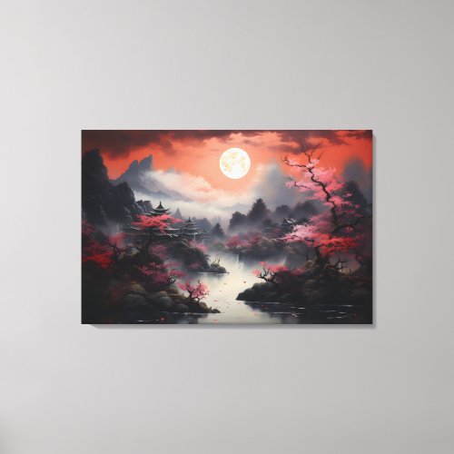 Japanese Sakura Moon Watercolor Landscape Canvas Print