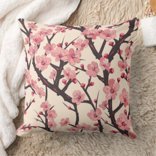 Japanese Sakura Pink Blossom Dark Branch Cream Throw Pillow