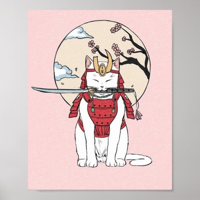 Japanese Sakura Samurai Cat Poster (Front)