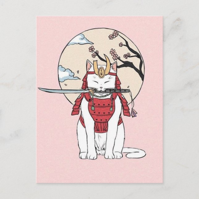 Japanese Sakura Samurai Cat Poster Postcard (Front)