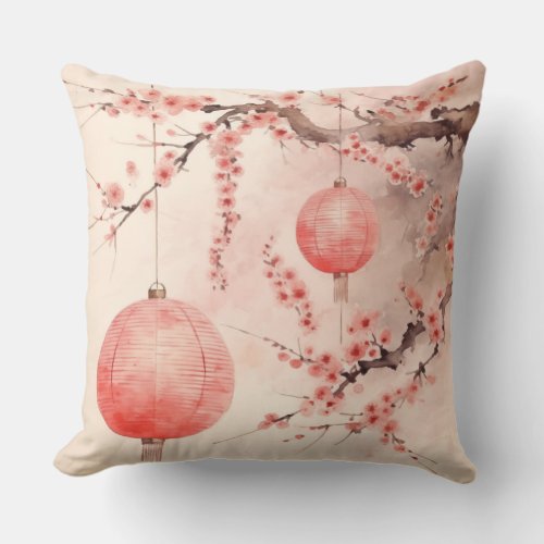 Japanese Sakura Tree and Lanterns Throw Pillow