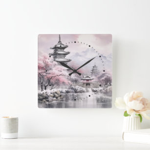 Japanese Sakura Tree Pagoda and Bridge Pink Gray Square Wall Clock