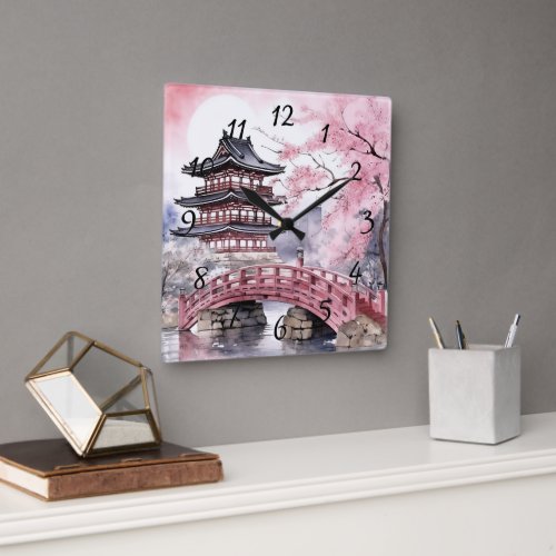 Japanese Sakura Tree Pagoda and Bridge Pink Gray Square Wall Clock