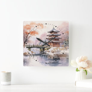 Japanese Sakura Tree Pagoda and Bridge Pink Gray Square Wall Clock