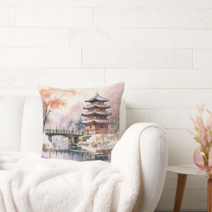 Japanese Sakura Tree Pagoda and Bridge Pink Gray Throw Pillow