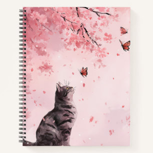 Japanese Sakura Tree with Black Cat and Butterfly Notebook