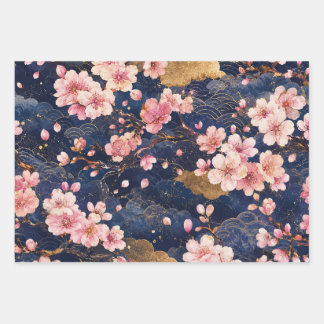 Japanese Sakura Watercolor Pattern | Elegant Cherr Wrapping Paper Sheets