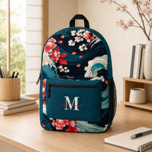 Japanese Sakura Waves Custom Monogram Name Printed Backpack