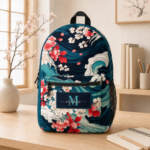Japanese Sakura Waves Navy Monogram Name Backpack