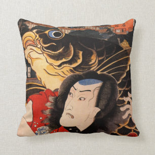 Japanese Samurai and Koi Fish Throw Pillow