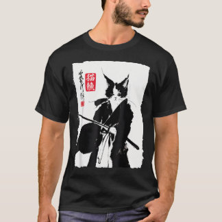 Japanese Samurai Cat Art Vintage Sumi-E Ink T-Shirt