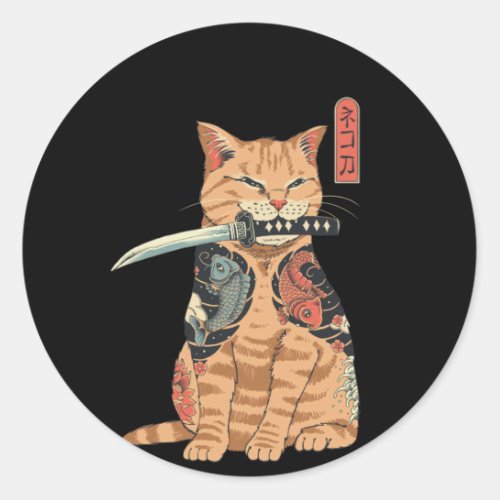 Japanese Samurai Cat Classic Round Sticker