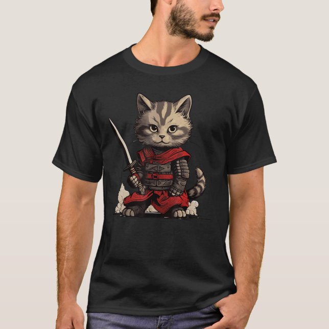 Japanese Samurai Cat  Cool  Ninja Cat Warrior T-Shirt (Front)