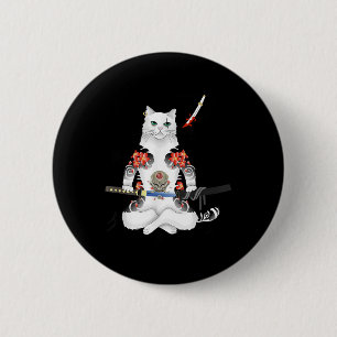 Japanese Samurai Cat Katana Ninja Yakuza Tattoo Button