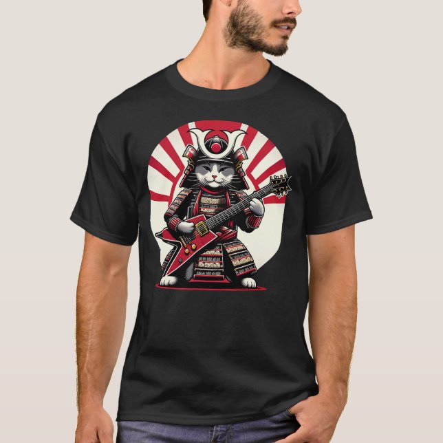 Japanese Samurai Cat Playing Electric Guitar Playe T-Shirt (Front)