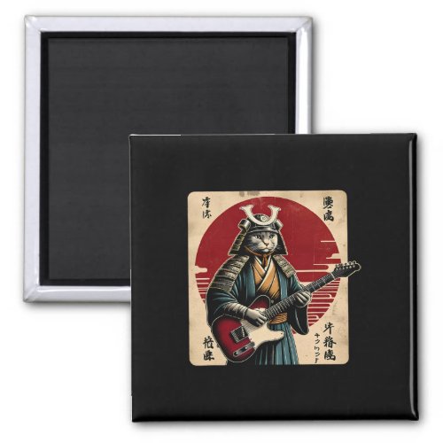 Japanese Samurai Cat Playing Electric Guitar Retro Magnet