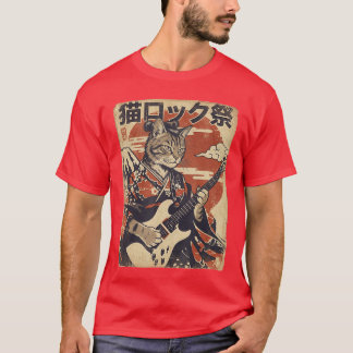 Japanese Samurai Cat Playing Electric Guitar Vinta T-Shirt