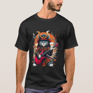 Japanese Samurai Cat Playing The Electric Guitar.  T-Shirt