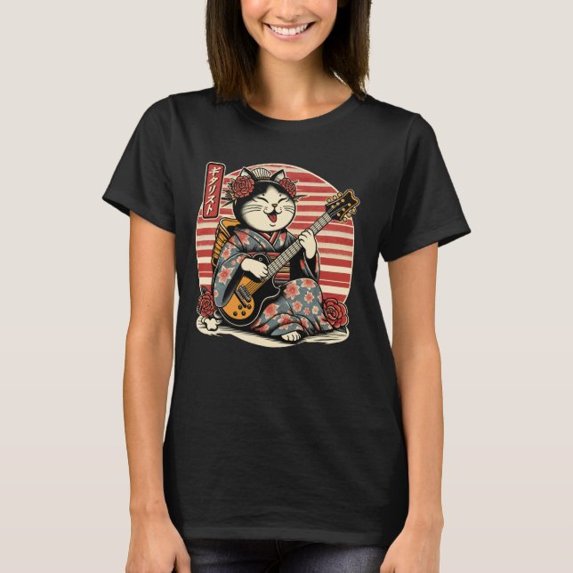 Japanese Samurai Cat Playing The Electric Guitar T-Shirt (Front)