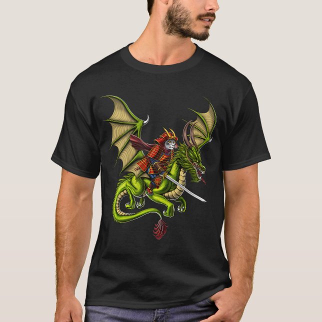 Japanese Samurai Cat Riding Dragon T-Shirt (Front)