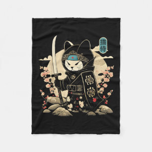 Japanese Samurai Cat Tattoo Kawaii Ninja Cat _1 Fleece Blanket