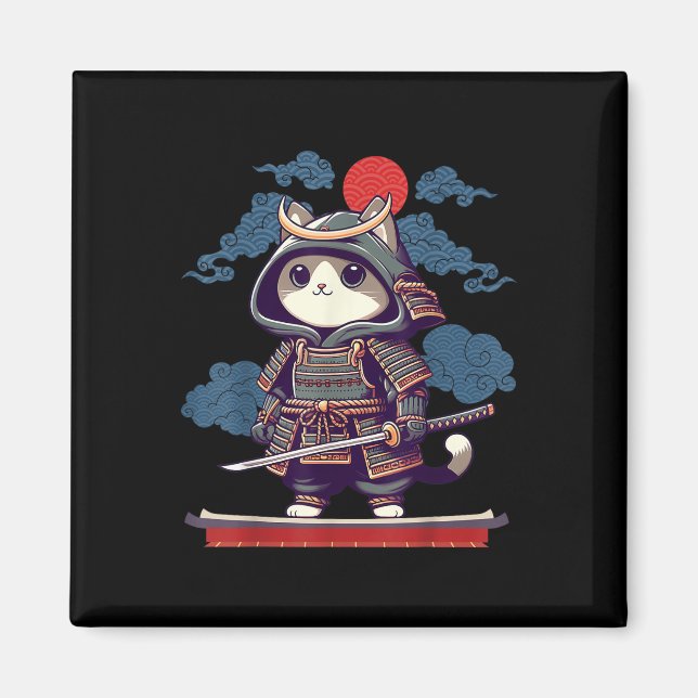 Japanese Samurai Cat Tattoo Kawaii Ninja Cat Anime Magnet (Front)