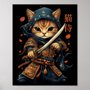 Japanese Samurai Cat Tattoo Kawaii Ninja Cat Cat W Poster