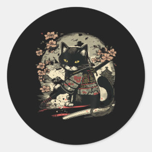 Japanese Samurai Cat Tattoo, Vintage Kawaii Ninja Classic Round Sticker