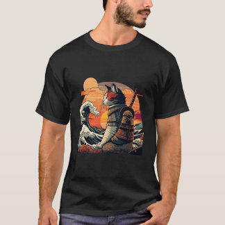 Japanese Samurai Cat The Great Wave By Hokusai T-Shirt