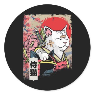 Japanese Samurai Cat Warrior Japan Ninja Kitten Classic Round Sticker