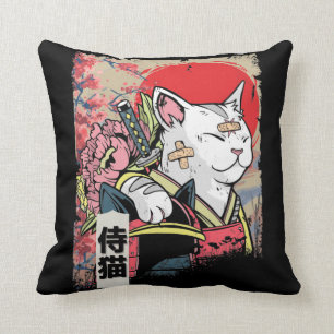 Japanese Samurai Cat Warrior Japan Ninja Kitten Throw Pillow