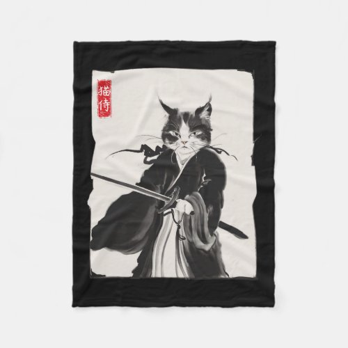 Japanese Samurai Cat Warrior Swordman Watercolor D Fleece Blanket