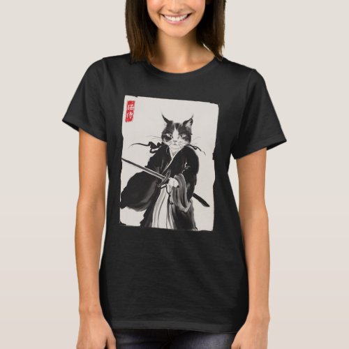 Japanese Samurai Cat Warrior Swordman Watercolor D T_Shirt