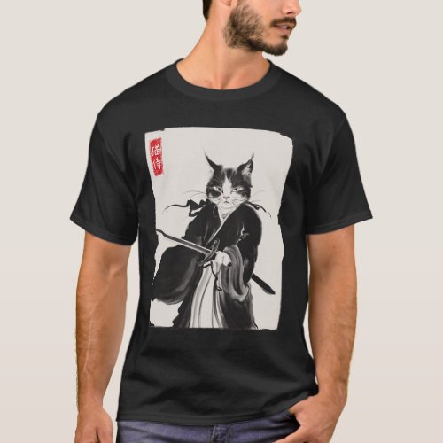 Japanese Samurai Cat Warrior Swordman Watercolor D T_Shirt