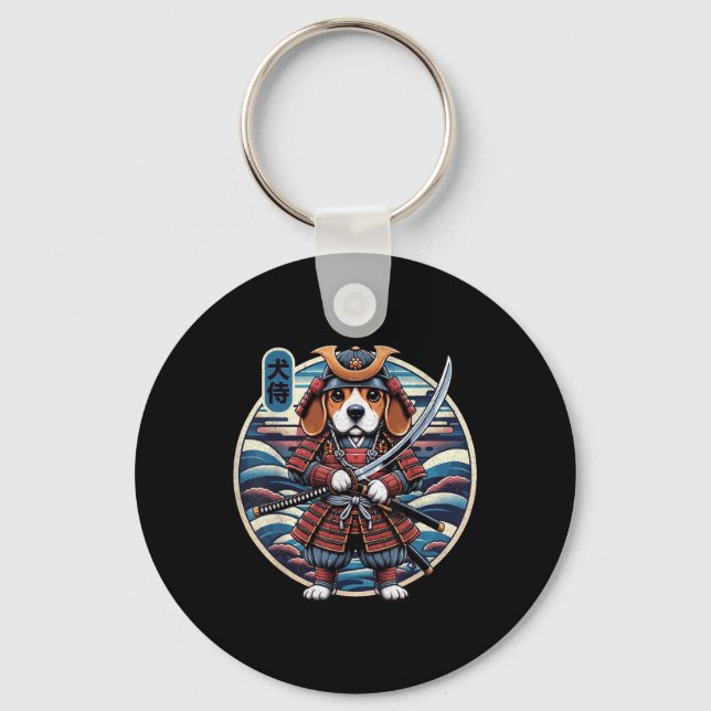Japanese Samurai Dog Tattoo, Beagle Kawaii Ninja _ Keychain (Front)