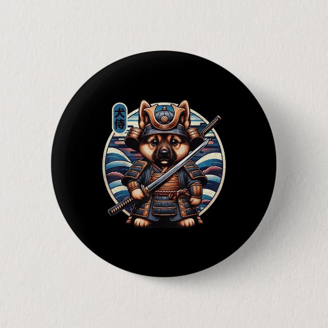 Japanese Samurai Dog Tattoo, German Shepherd Kawai Button (Front)