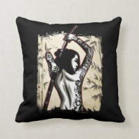 Japanese Samurai Girl Tattooed Female Warrior Throw Pillow