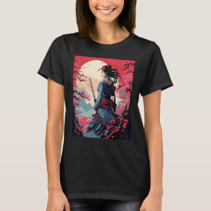 Japanese Samurai Girl Vintage Retro Sakura Cherry  T-Shirt