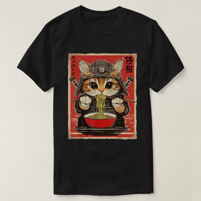 Japanese Samurai Ninja Cat Eating Ramen Noodles T-Shirt (Design Front)