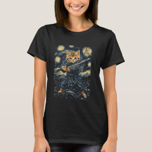 Japanese Samurai Ninja Cat in Starry Night Style T-Shirt