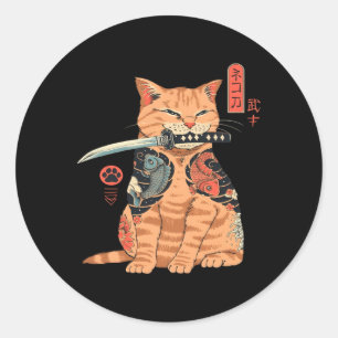 Japanese Samurai Ninja Cat Kawaii Tattoo Classic Round Sticker