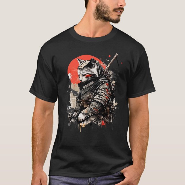 Japanese Samurai Ninja Cat Kawaii Tattoo Graphic T-Shirt (Front)
