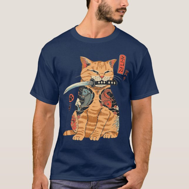 Japanese Samurai Ninja Cat Kawaii Tattoo Graphic T-Shirt (Front)
