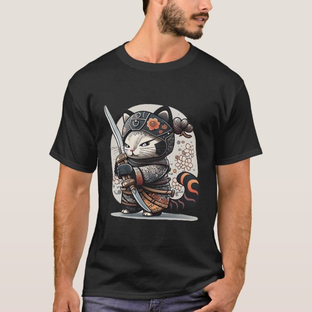 Japanese Samurai Ninja Cat Kawaii Tattoo T-Shirt (Front)