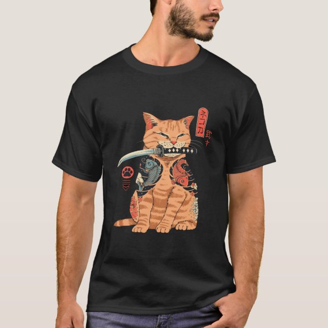 Japanese Samurai Ninja Cat Kawaii Tattoo T-Shirt (Front)