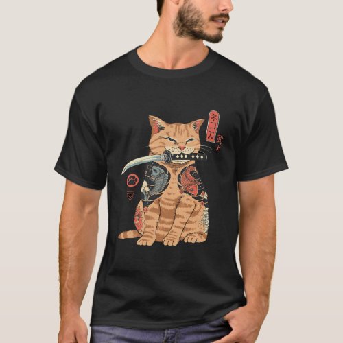 Japanese Samurai Ninja Cat Kawaii Tattoo T_Shirt